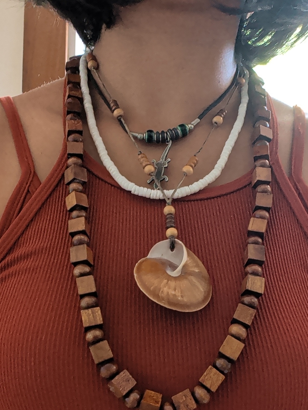Boho Coastal Shell & Wood Bead Layered Necklace - Brown Lot Of 4